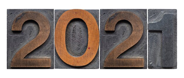 Wooden 2021 letterpress numbers isolated on white