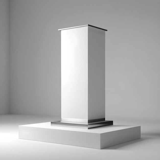 Wooden 3d speaker stand with metal chrome presentation podium mockup stage on white scene background