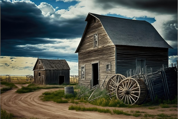 Wooden abandoned farm houses next to village buildings