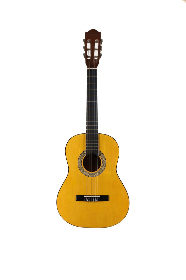 Wooden acoustic guitar isolated over white background