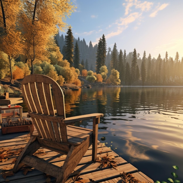 Photo wooden adirondack chair sits on dock overlooking a calm lake in the morning