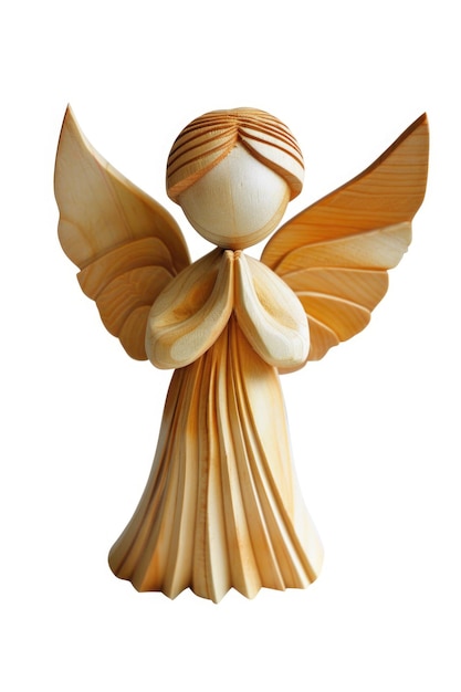 Foto una statuetta d'angelo in legno su uno sfondo bianco semplice perfetta per temi religiosi o decorazioni natalizie