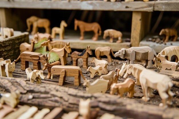 Foto figure di animali in legno disposte in un parco giochi improvvisato dello zoo
