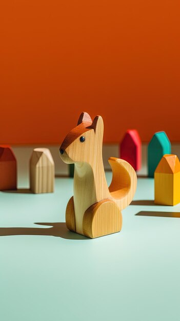 Деревянная игрушка-животное с минималистскими цветами на плоском фоне, сделанная с помощью Generative AI