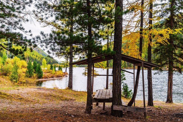 Wooden arbor on the shore of Lake Cheybek-Kohl. Altai Republic, Russia