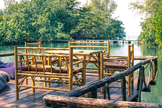 Wooden arbor on the water