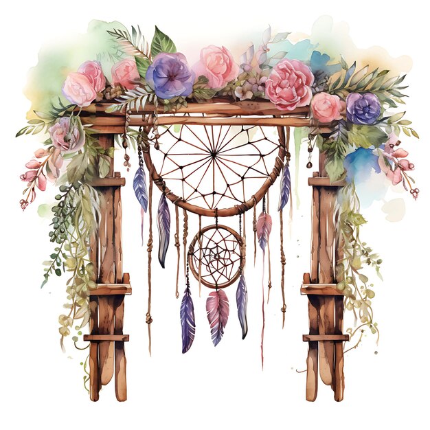 Wooden Arbor With Dreamcatchers Bringing Out the Watercolor Gate Beauty Art on White Background