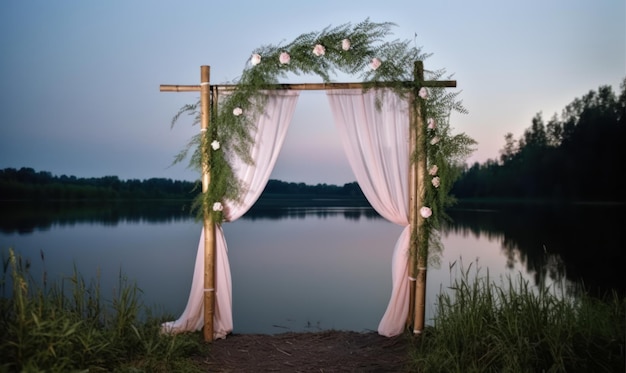 A wooden arch with a white curtain and flowers