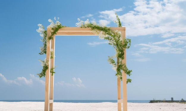 Foto un arco di legno con fiori bianchi sulla spiaggia