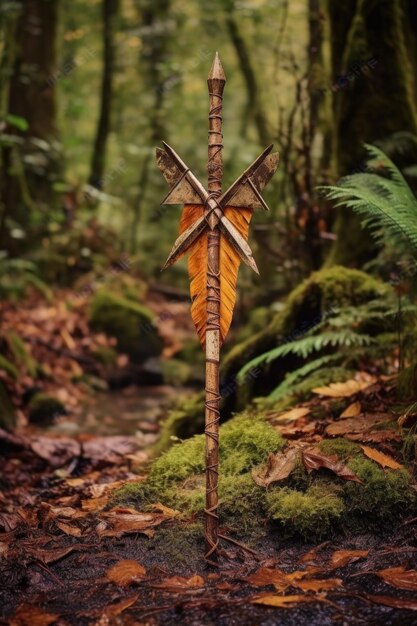 Wooden arrow with rustic feathers on a forest floor created with generative ai