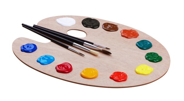 Photo wooden art palette with paints and brushes