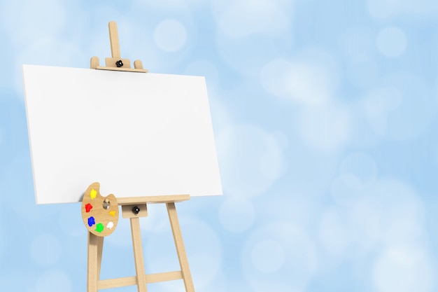 Wooden Artist Easel with White Mock Up Canvas and Palette on a blue background. 3d Rendering.