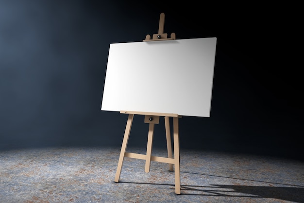 Wooden Artist Easel with White Mock Up Canvas in the volumetric light on a black background. 3d Rendering.