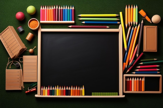 Wooden backdrop encircling an array of neatly arranged school supplies