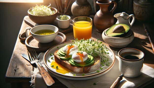 A wooden backdrop features an avocado toast with a poached egg