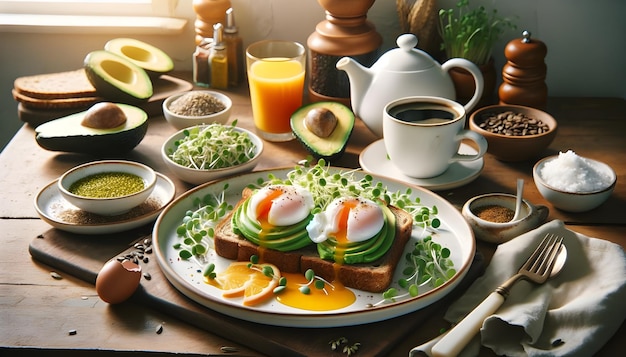 На деревянном фоне изображен тост с авокадо с запеченным яйцом