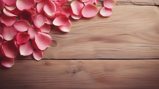 On a wooden backdrop pink rose petals with copy space for valentine's day generative ai