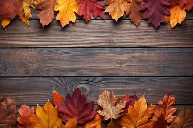 Photo wooden background adorned with felt autumn leaves