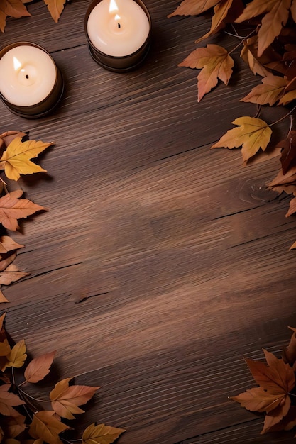 Wooden background candles and fall leaves banner template mockup background