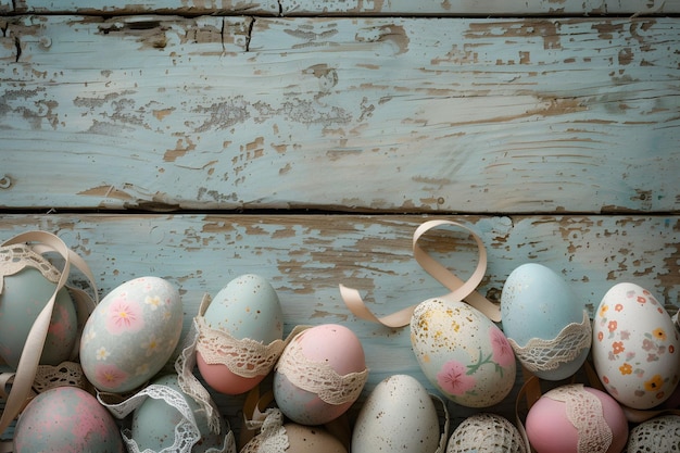 Wooden Background Featuring Pastel Easter Eggs and Lace