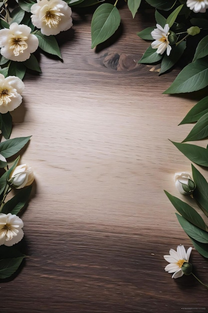 木製の背景と花のバナー テンプレートのモックアップの背景