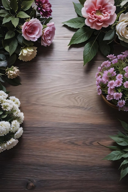 Wooden background and flowers banner template mockup background