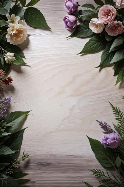 Wooden background and flowers banner template mockup background