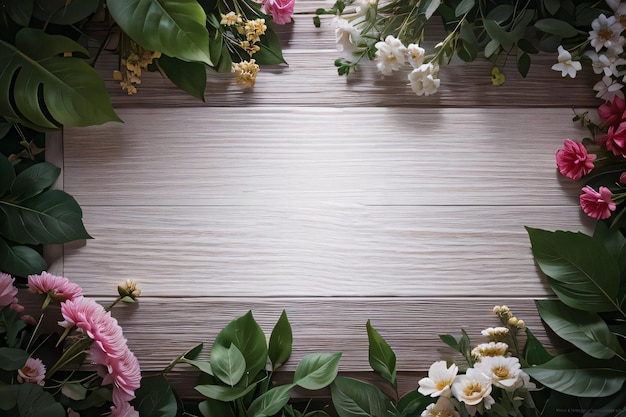 木製の背景と花のバナー テンプレートのモックアップの背景