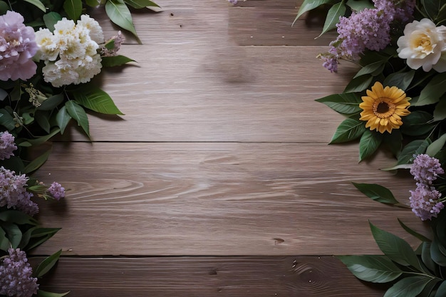 Wooden background and flowers banner template mockup background