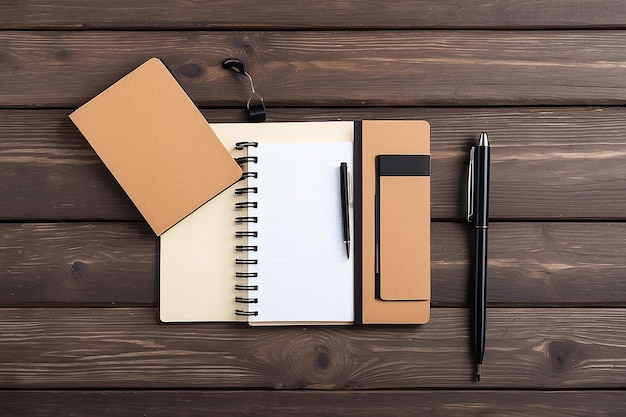 On a wooden background a notebook a black pen a paper clip and a brown notebook with a place to insert text Template