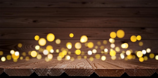 Wooden background stage with defocused lights