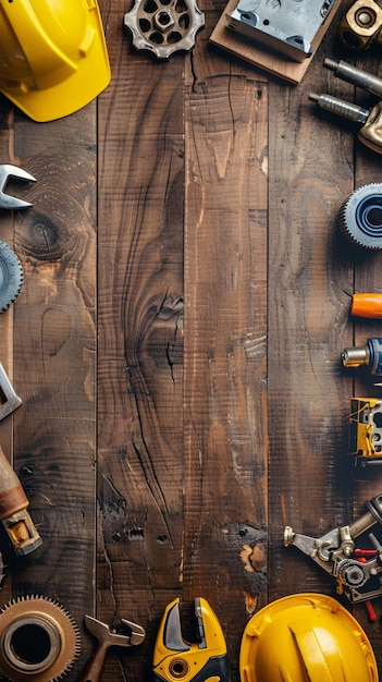 Wooden background surrounded by a frame of engineering accessories