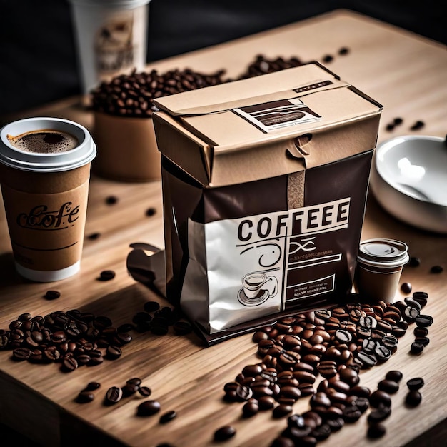 Foto su uno sfondo di legno c'è una borsa di lino con fagioli di caffè arrostiti sparsi una tazza una pentola di caffè