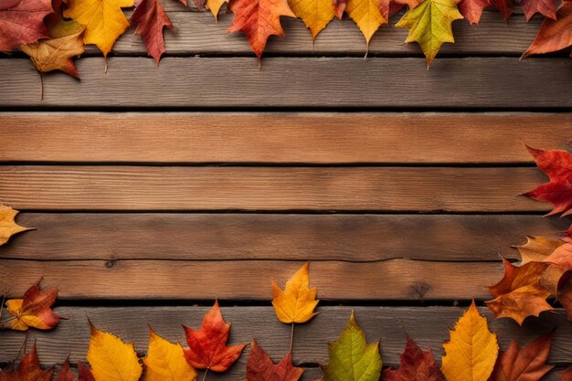 a wooden background with autumn leaves on it