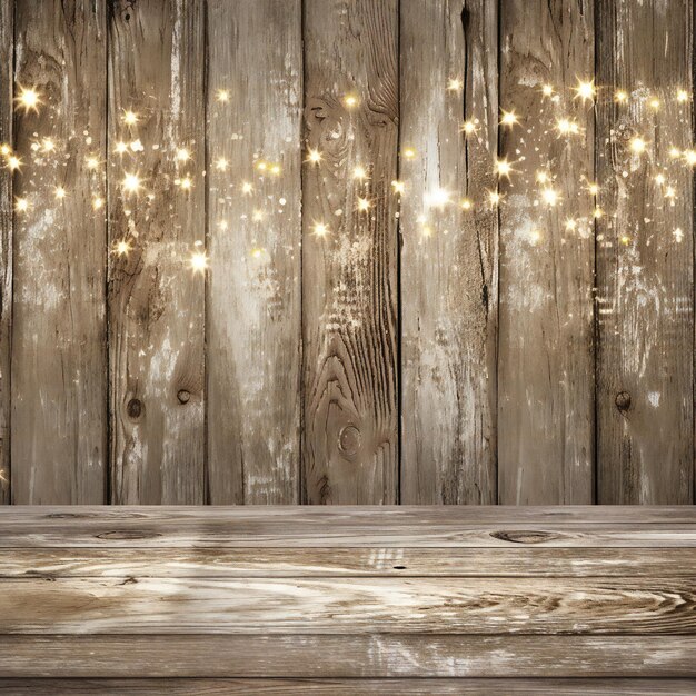Photo wooden background with bokeh lights and snowflakes