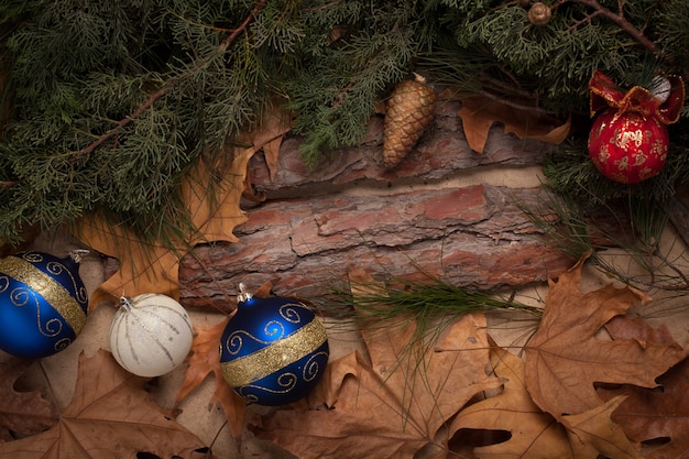 Wooden background with branch of pine and yellow leaves