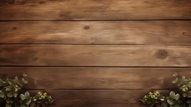 Wooden background with copy space framed by delicate green leaves