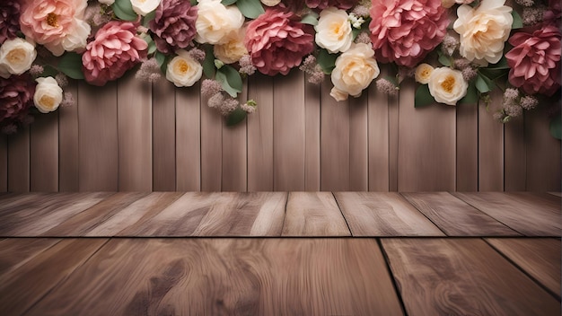 Wooden background with flowers and copy space for text or image