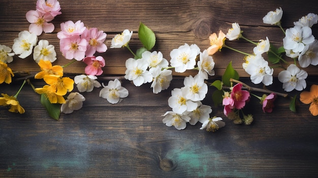A wooden background with flowers and leaves on it
