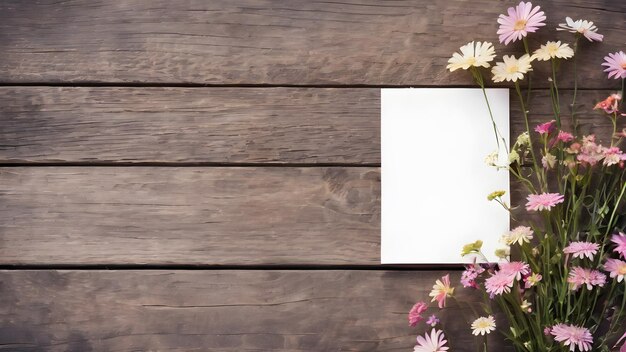 Foto sfondo in legno con fiori con biglietto di carta spazio vuoto per il messaggio di saluto amore e saluto concetto di progettazione ai immagine generata ai