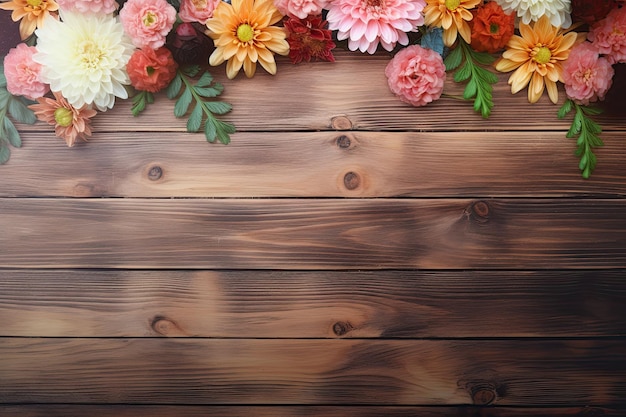 A wooden background with flowers and a wooden frame