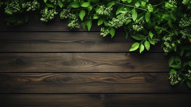 Foto uno sfondo di legno con foglie verdi e un ramo di un albero con la parola luppolo su di esso.