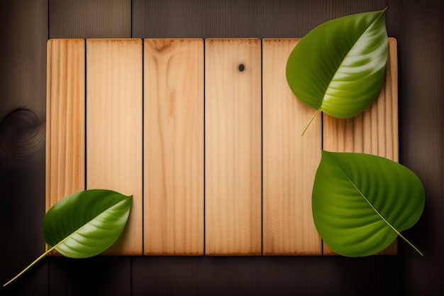 Wooden background with green leaves on a wooden board