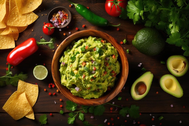 Wooden background with guacamole ingredients and chips