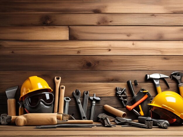 Photo a wooden background with a lot of tools and tools on it