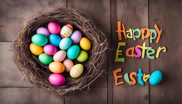 a wooden background with a nest of colorful easter eggs