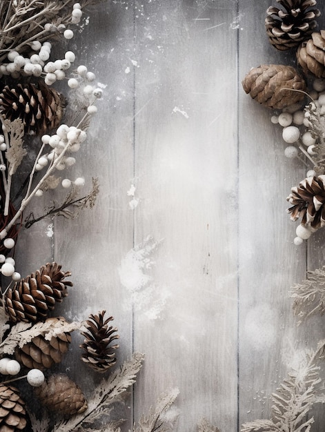 a wooden background with pine cones and snowflakes on it.