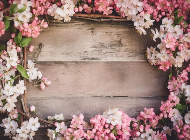 Photo a wooden background with pink flowers and a frame for the text spring.