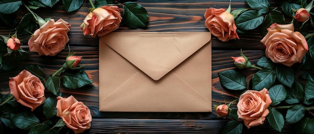 A wooden background with roses and an envelope Top view Flat design