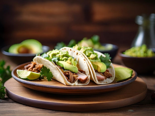 On a wooden background with selective focus lies a plate of healthy tacos adorned